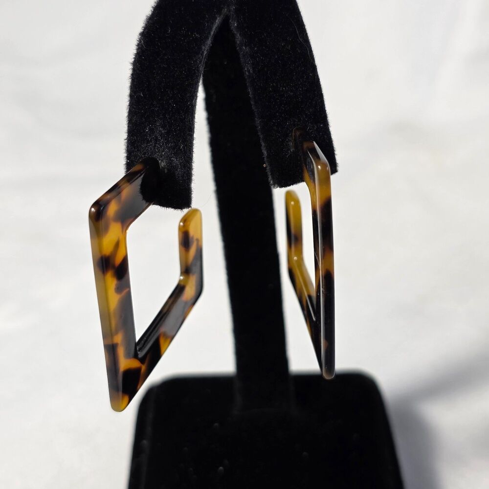 Chunky Resin Earrings Square Hoop Brown Black Tortoise Shell Finish